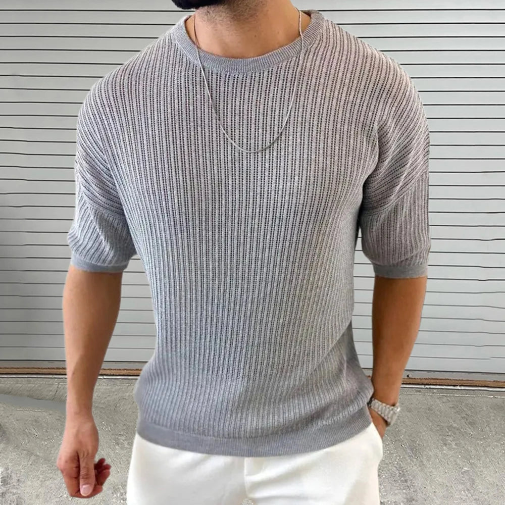 Summer New Men's Solid Color Knitted Hollow Short-Sleeved T-Shirt Retro Fashion Trend Casual Simple Daily Breathable Men's Tops