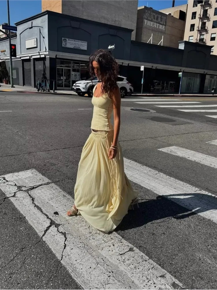 TRAF Wrinkled Effect Skirt Set Women 2 Piece V Neck Tierred Chiffon Shirt Elastic Waist Skirts Two Piece Set Women Outfits