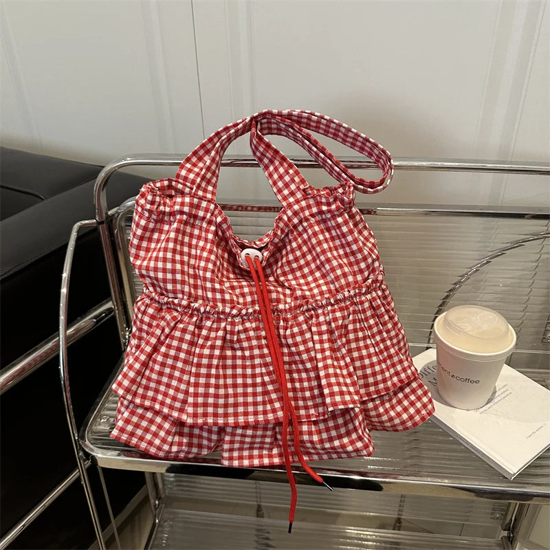 Korean Sle Large Capaci Canvas Tote Bag Blue Plaid Single oulder Skirt Pleated Gown Bag Faionable Casual Handbag