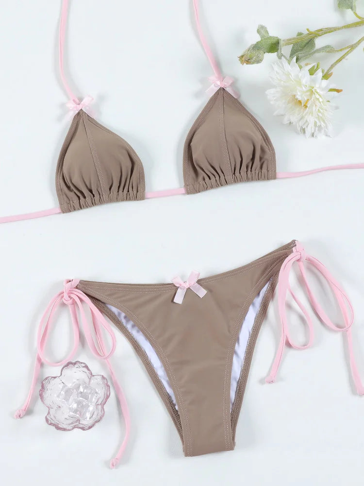 Plaid Print Bikinis Bow Swimwear Women Swimsuit Triangle Bikini Set Bandage Bath Suit Low Waist Thong Beachwear New Biquini