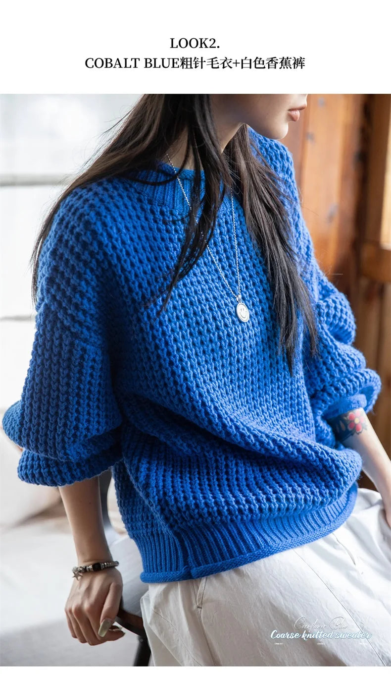 MADEN Women Cornflower Blue Knitted Sweater 2024 New Autumn Winter Long Sleeve Curled Collar Knitwear Warm Pullover Sweater