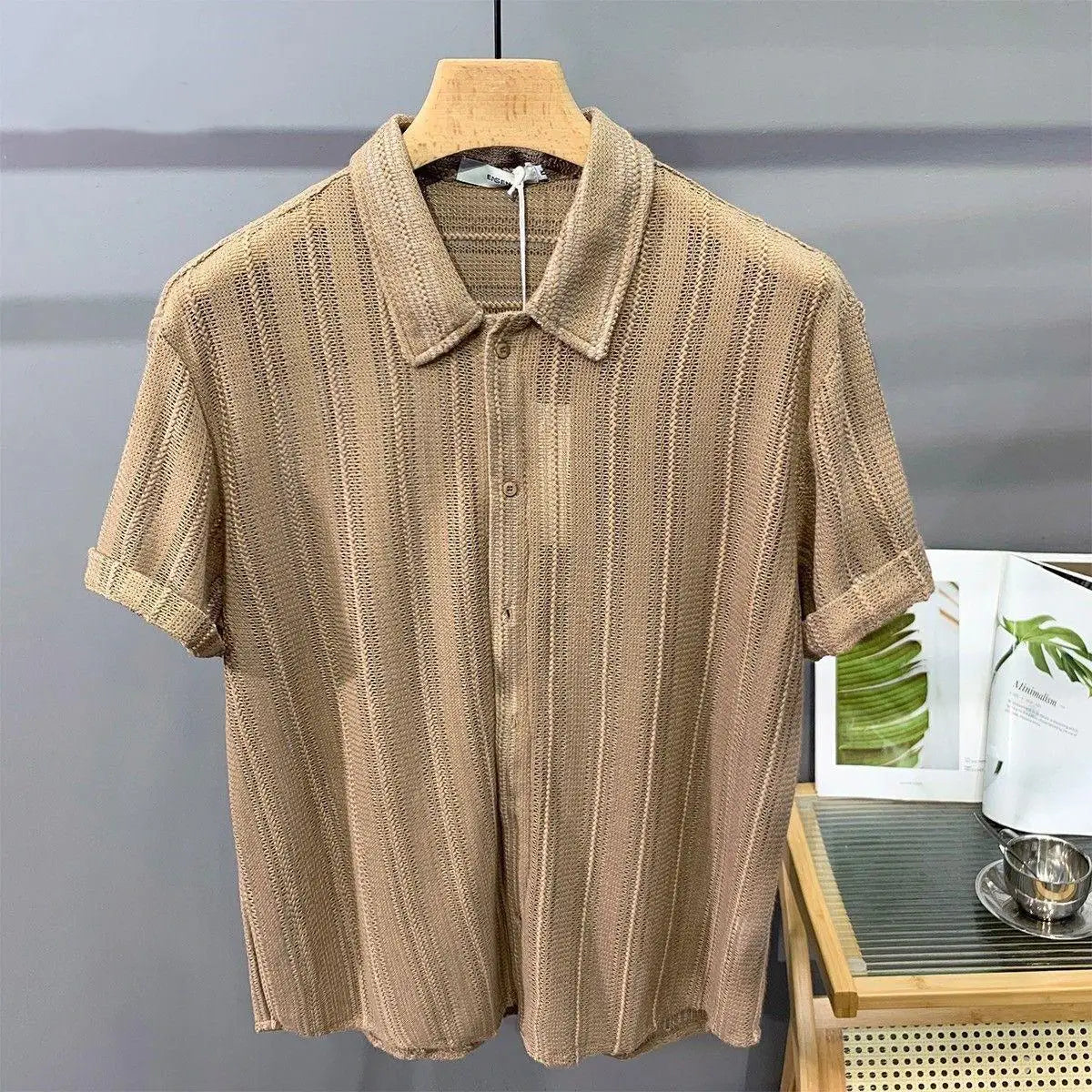 New High-End Hollow Design Men's Summer Thin Short-Sleeve Shirt - Lapel Casual Top