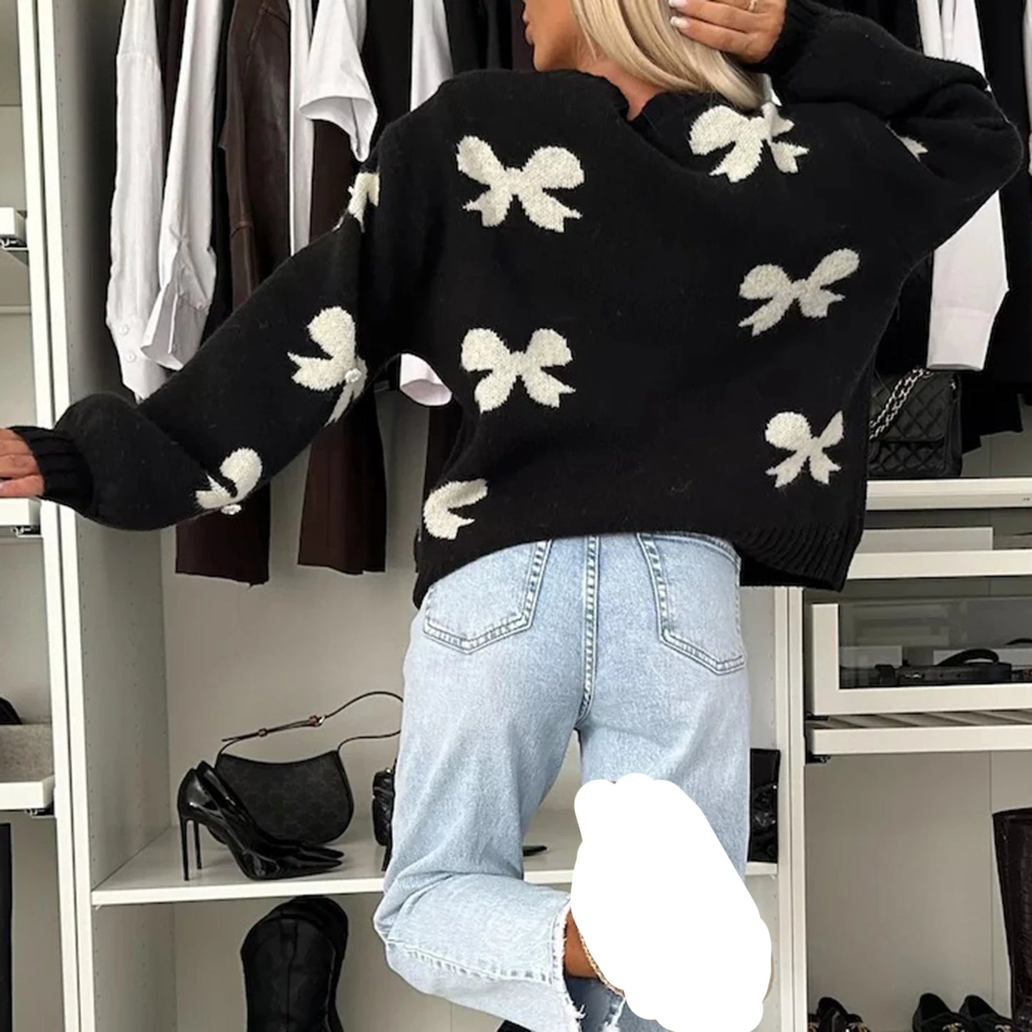 Combhasaki Women's Autumn Y2K Elegant Sweater Cardigan Lantern Long Sleeve Bow Print Pearl Decor Tied Split Front Knitwear Tops
