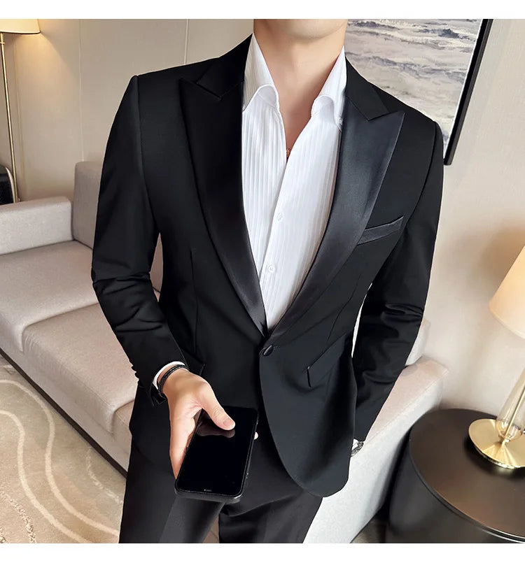 ( Jacket + Vest + Pants ) High-end Brand Boutique Fashion Men's Casual Business Black Smoking Suit Groom Wedding Dress Tuxedo