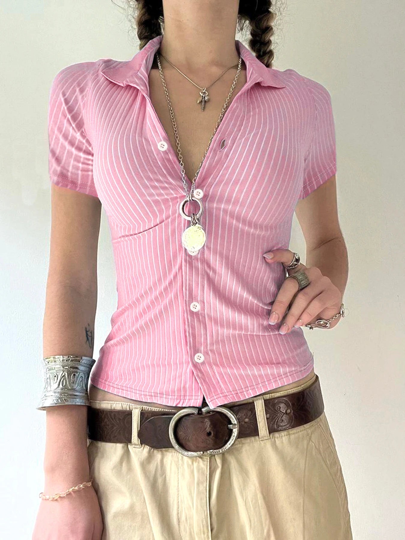 Sweetown Blue Stripe Short Sleeve Shirts For Women Button Up Turn Down Collar Slim Simple Casual Preppy Tops Basic Summer Tees