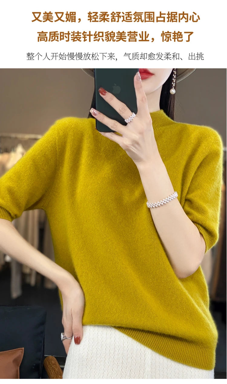 100% pure wool short sleeve summer new women's semi-high neck pullover blouse loose knit vest fashion T-shirt