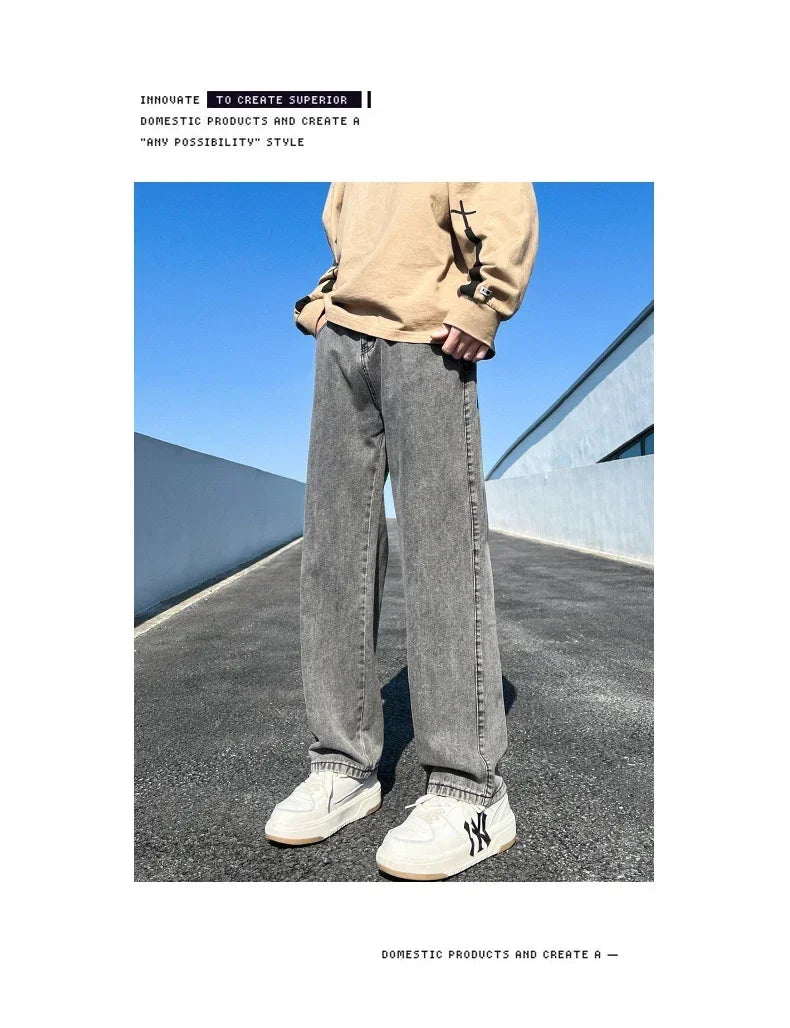 Men's Jeans Spring Autumn Extend Straight Vintage Blue Casual Baggy Jeans Korean Trousers Classic Wide Leg Fashion Denim Pants