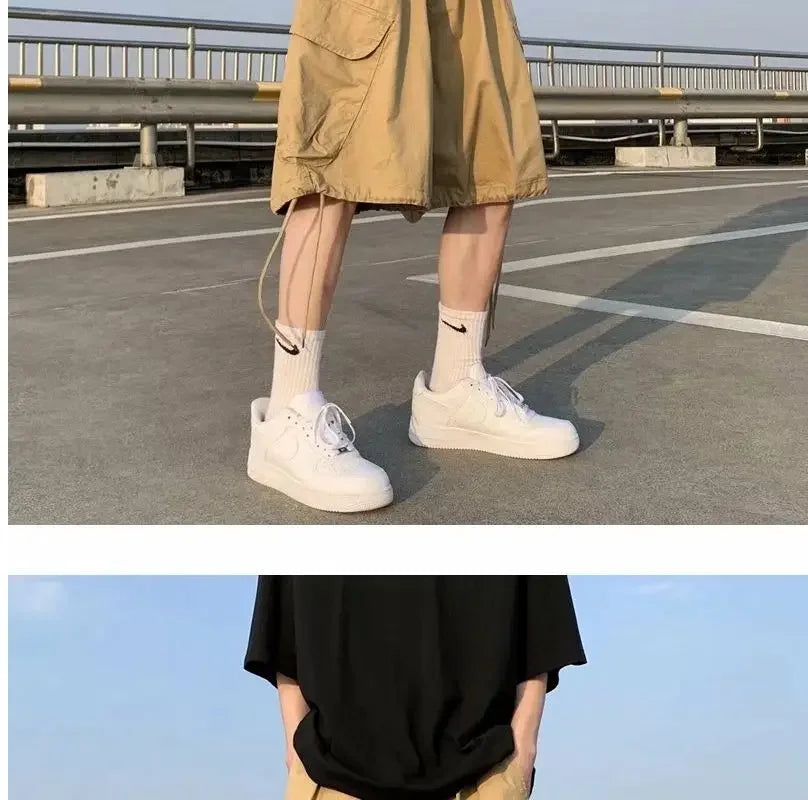 Khaki 7-point Men Summer Thin Japanese Workwear Wide-leg Loose Over-knee Shorts