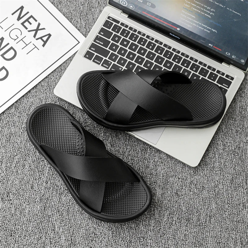 Mens Leather Slippers Comfortable Breathable Summer Big Size Sandals for Men with Soft Sole