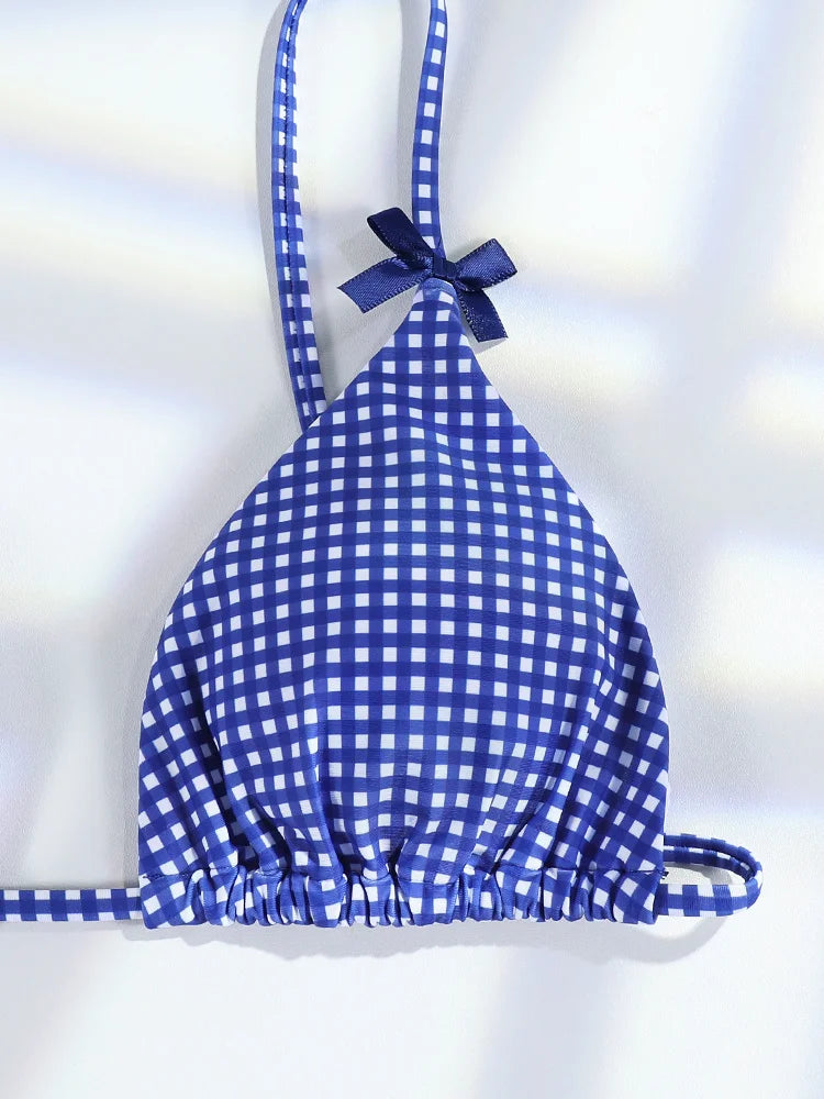 Plaid Print Bikinis Bow Swimwear Women Swimsuit Triangle Bikini Set Bandage Bath Suit Low Waist Thong Beachwear New Biquini