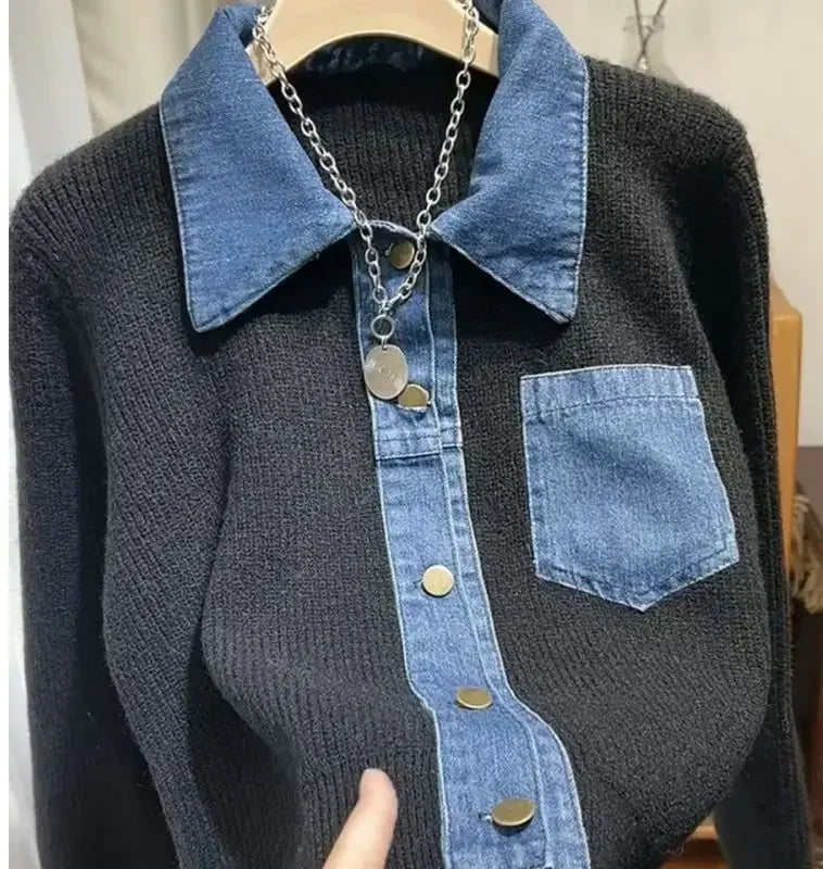 Women's Trendy Vintage Denim Patchwork Single Breasted Knitted Cardigan Autumn Casual Long Sleeve Loose Chic Pocket Sweater Coat