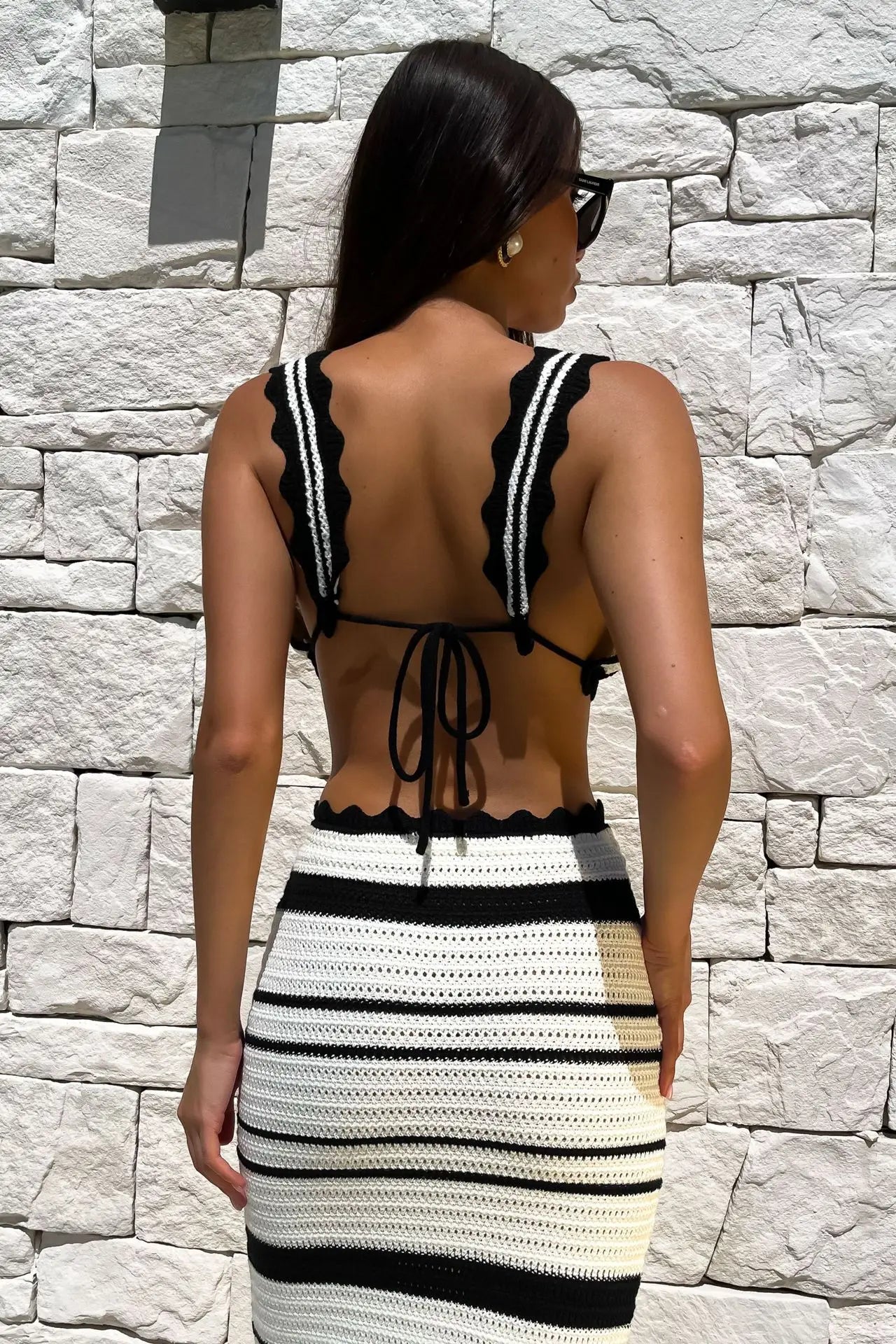 Tossy Knit Striped 2 Piece-Set Long Skirt Female Ruffled V-Neck Casual Beach Holiday Contrast Outfits Knitwear Maxi Skirt Sets
