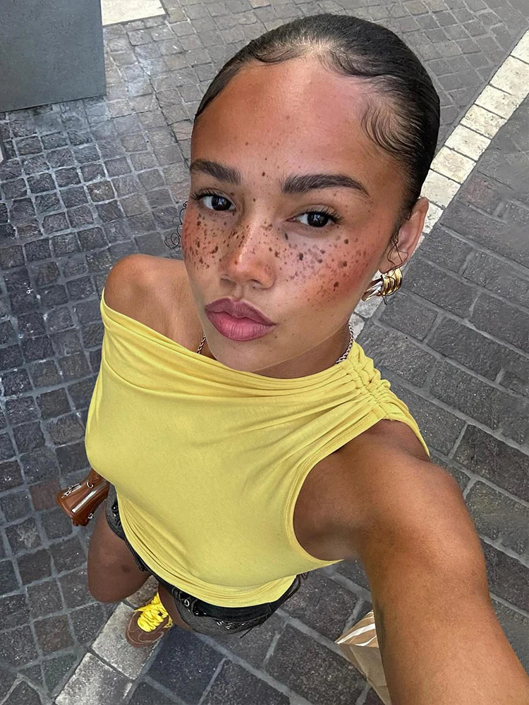 Weird Puss Irregular Women Tank Tops Shirring Shoulder Ruched Summer Chic Fashion Solid Hottie Simple Basic Streetwear Slim Vest