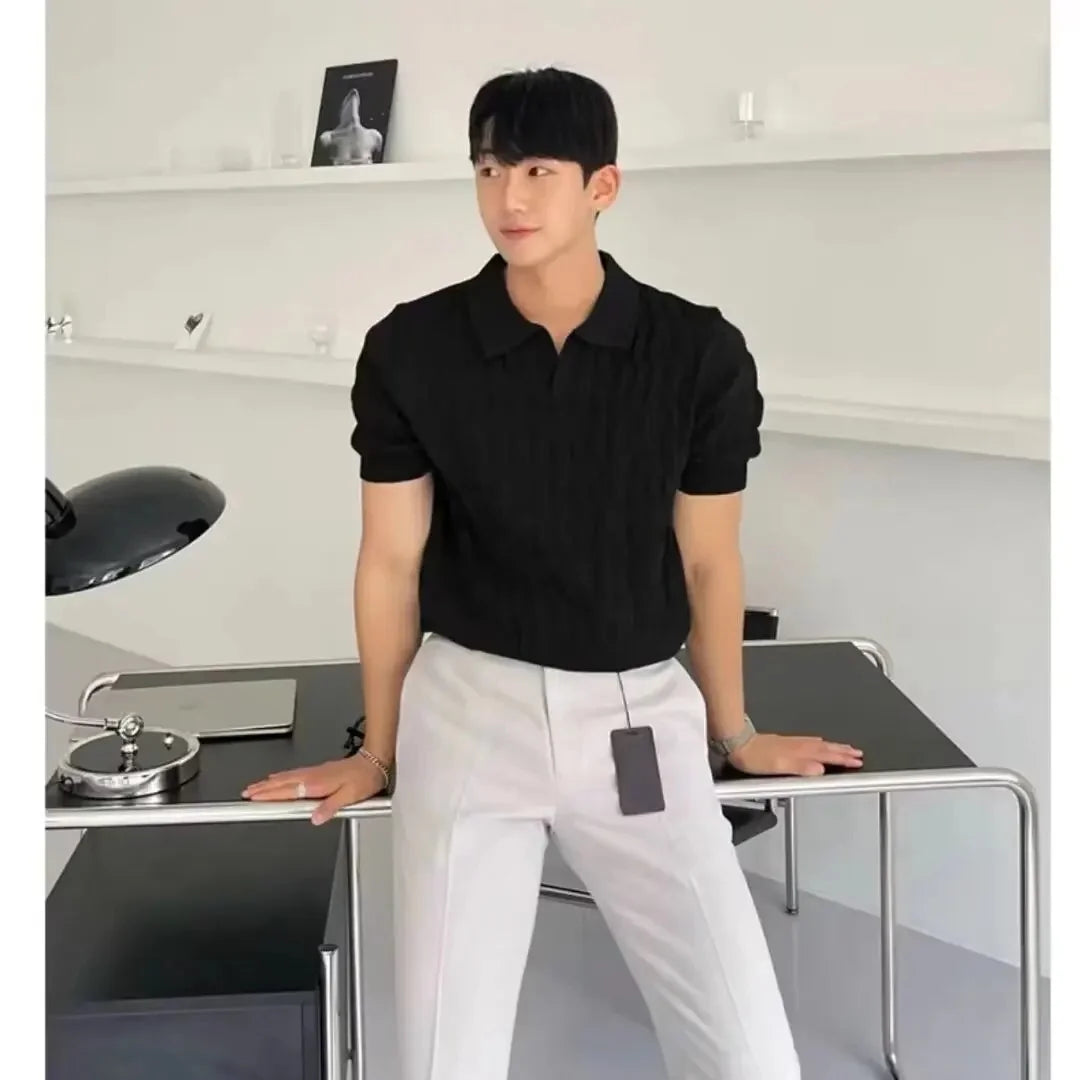 Summer New Light Maturity Knitted Polo Shirt Men's Korean Style Slim Fit Collar Pure Color Casual T-Shirt Cross-Border