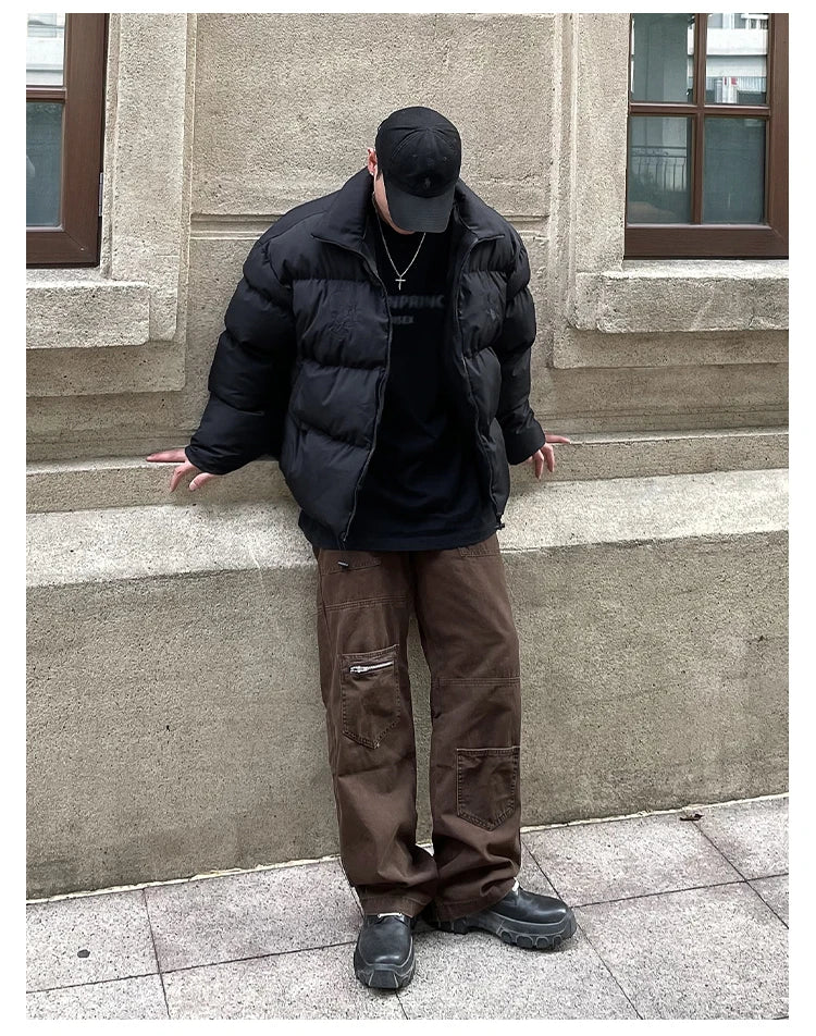 Cotton-Padded Hip Hop Parkas Men Devil Horns Winter Hooded Down Jacket Retro Y2K Thicken Puffer High Street Loose Bubbles Coats