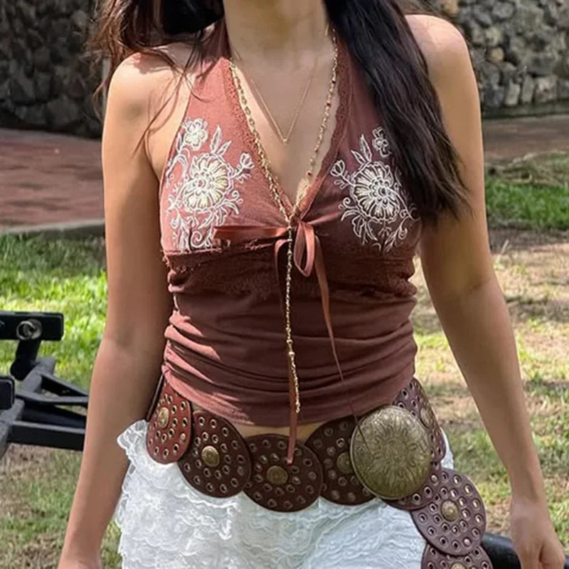 Pink Floral Embroidery Bow Lace Trim Halter Top Pink Vacation Cute Fashion Y2k Crop Tops for Woman Summer 2025