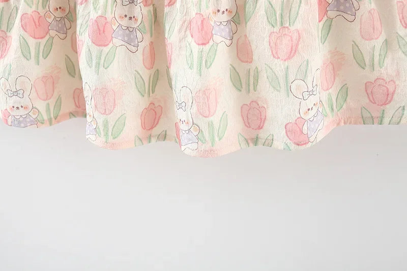 Summer Hardwear Girl Dress Tulip Cartoon Rabbit Print Small Flying Sleeves Flower Neck Bow Ribbon Tulip Flower Pattern