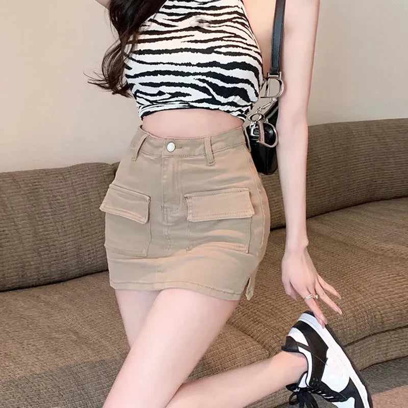 Xpqbb Denim Short Skirt for Women Korean Style High Waist Pockets Cargo Mini Skirt Female Sexy Skinny Anti-Glare Bodycon Skirts