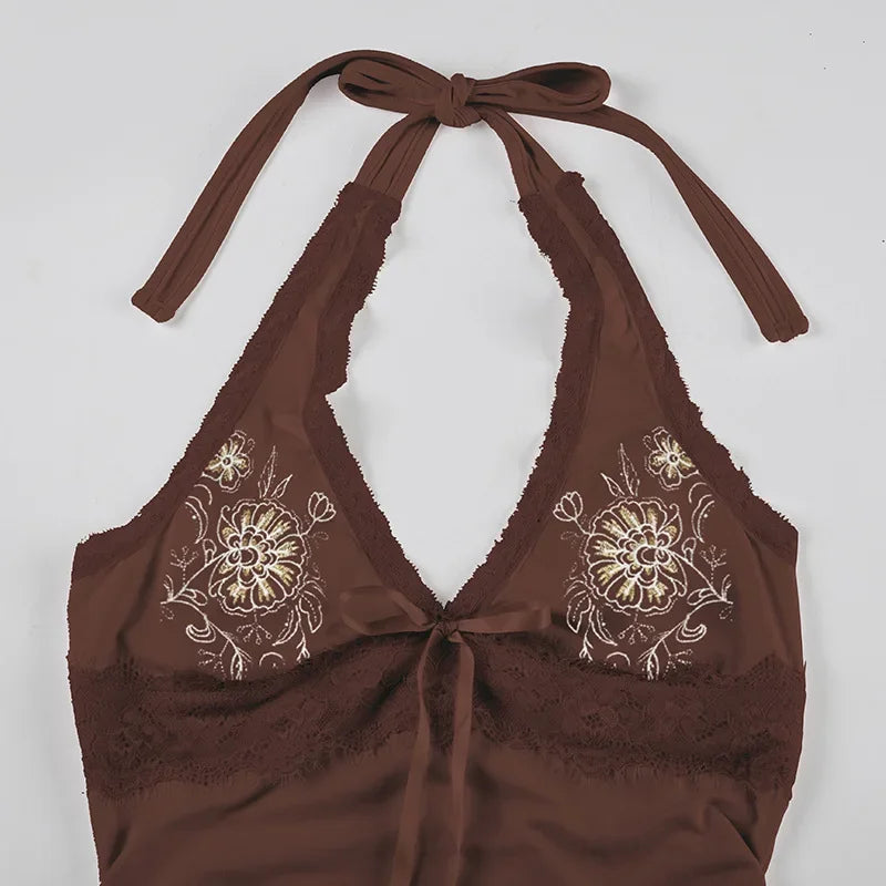 Pink Floral Embroidery Bow Lace Trim Halter Top Pink Vacation Cute Fashion Y2k Crop Tops for Woman Summer 2025
