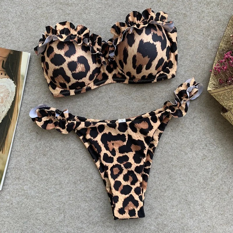 2025 New Summer Swimwear Bikini Set Sexy Leopard Strapless Bikini 2 Piece Set Women Split Swimsuit High Waist Beach Style Bikini