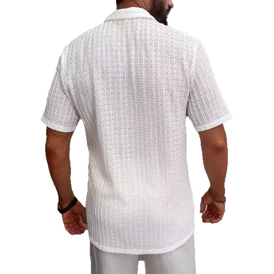 Men's Casual Knit Shirt Summer New Solid Color Turn-down Collar Hollow Breathable Short Sleeve Top