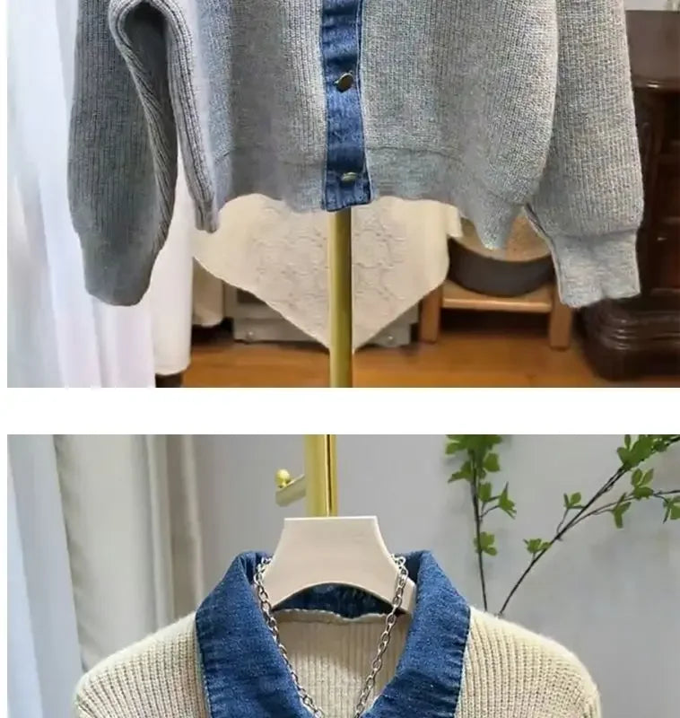 Women's Trendy Vintage Denim Patchwork Single Breasted Knitted Cardigan Autumn Casual Long Sleeve Loose Chic Pocket Sweater Coat