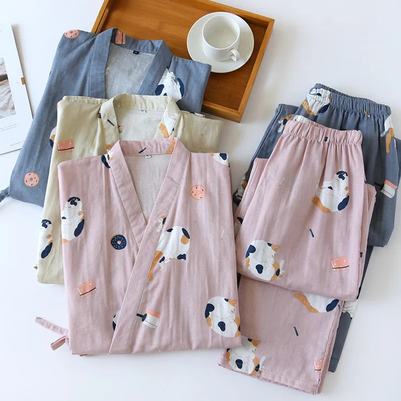 Japanese-style kimono two-piece couple pajamas cover men and women pure cotton gauze cute kitten thin homeware sleepware nighty