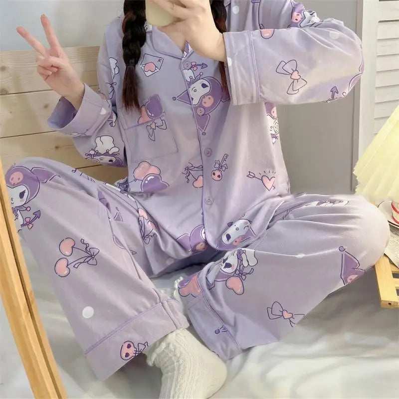 Cartoon Sanrio My Melody Long-Sleeved Pajamas Set Kawaii Cinnamoroll Printing Spring Autumn Thin Cute Girls Casual Home Clothes