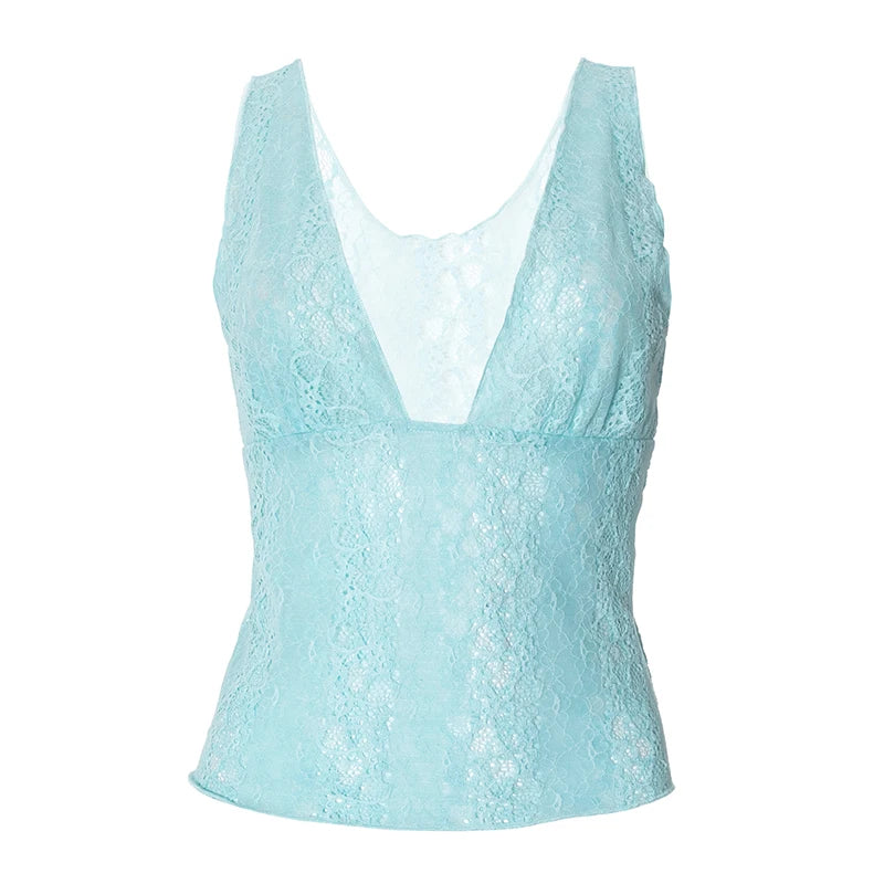 CUTENOVA Deep V-Neck Pullover Vest For Women Hollowed Out Lace Waist Waistless Top T-Shirt Spring And Summer New 2025 Streetwear