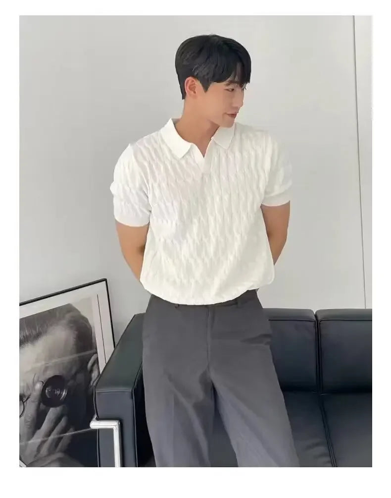 Summer New Light Maturity Knitted Polo Shirt Men's Korean Style Slim Fit Collar Pure Color Casual T-Shirt Cross-Border