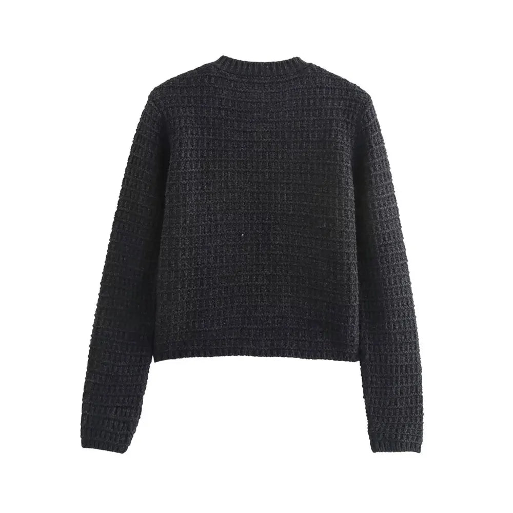 TRZA-Women's Front Button Knit Cardigan Sweater, O Neck, Long Sleeve, Female Outerwear, Chic Tops, Fashion