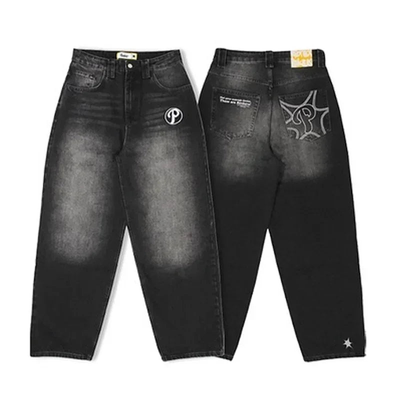 Y2K New American Retro Hip-Hop Cherry Blossom Dragon Print Loose Jeans For Men and Women Gothic Hip-Hop Casual Joker Street Wear