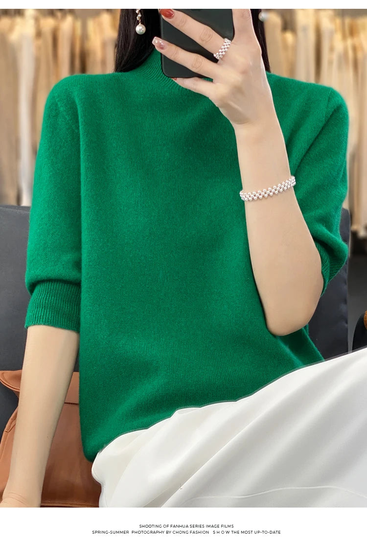 100% pure wool short sleeve summer new women's semi-high neck pullover blouse loose knit vest fashion T-shirt