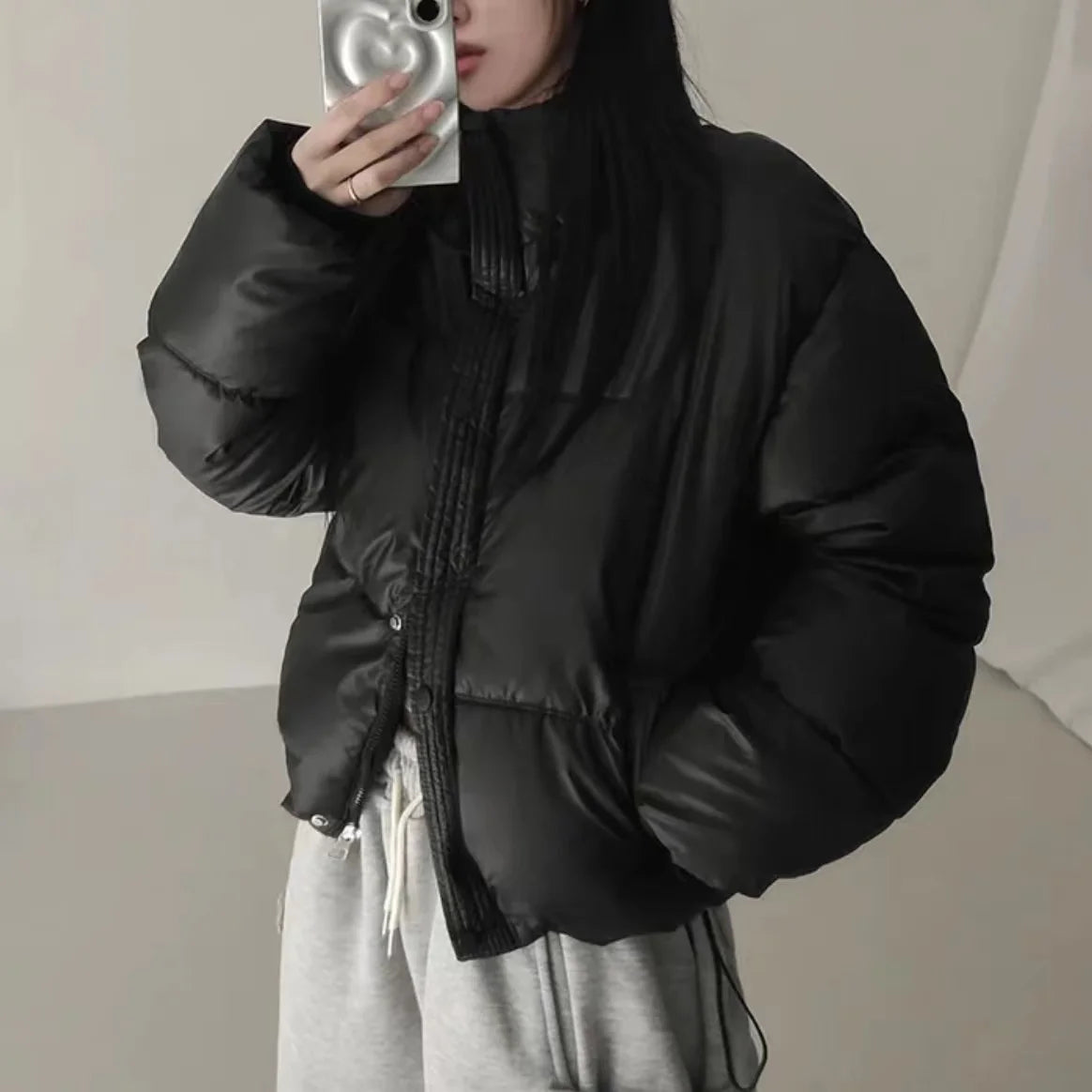 Women's Cotton Jaet 2024 New Winter ort Faion Stand Collar Bread Sle Warmth Outerwear Korean Loose Fit Zipper Closure