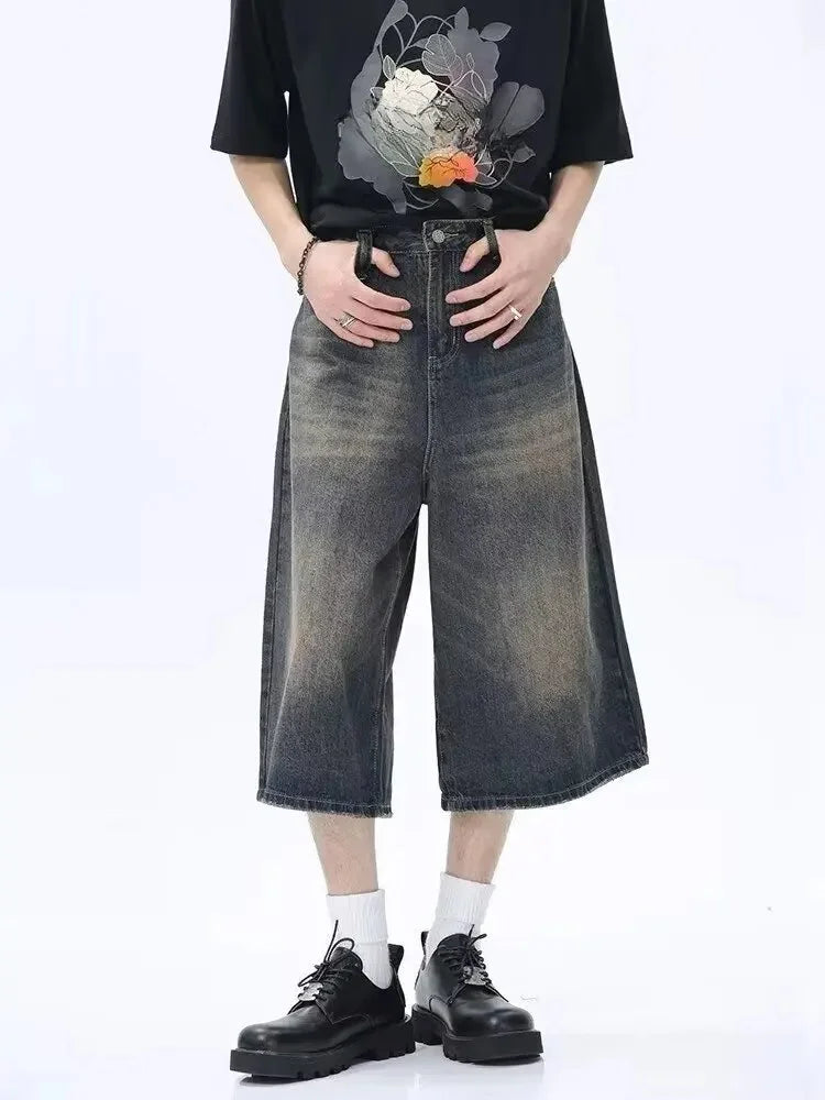 Retro Hong Kong Style Men's Loose Wide Leg Jeans Shorts Hip Hop Style Summer New Slimming Seven-Point Pants Trendy Casual Shorts