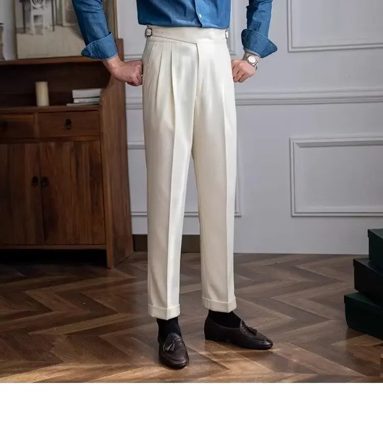 High-waisted Casual Straight-leg Suit Pants For Men Autumn Vintage Draped Waist Trousers Naples Retro Style Business Formal Wear