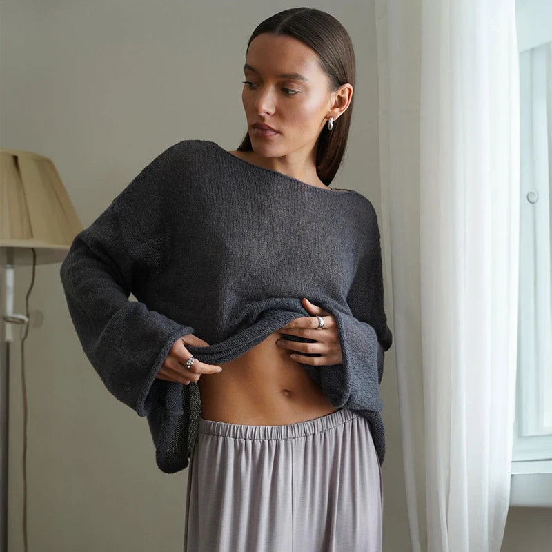 MSCSZ Red Long Sleeve Oversized Sweater Women Transparent Knitted Sweater 2025 Spring Autumn Cozy Sweaters Pullover Tops