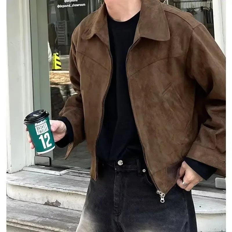 Retro High Street Suede Short Jacket Men Loose Stylish Motorcycle Collar Flight Casual Jacket Spring Autumn Fashionable Versatil