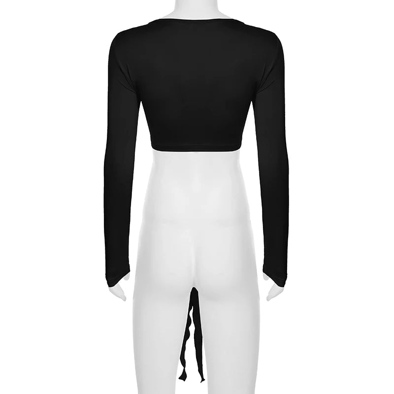 Cuteandpsycho Solid Slim Lace Up Leisure Shirts Long Sleeves V-neck Chic Basics Clothes Y2K Streetwear Casual Tops for Women