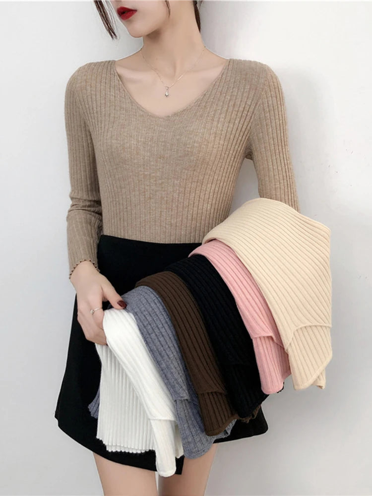 2025 V Neck Women Autumn Winter Sweaters Slim Knitted Pullovers Soft Warm Solid Jumper Female Sweater Casual Knitwear Jersey Top