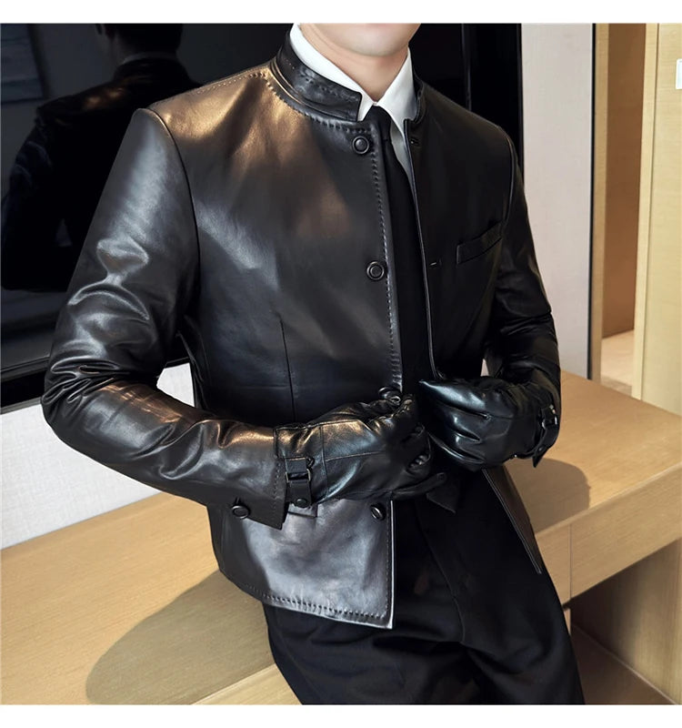 Autumn Chinese Style Stand Up Collar Leather Jacket Men's Motorcycle Jackets High-end Casual Business Short PU Leather Coats