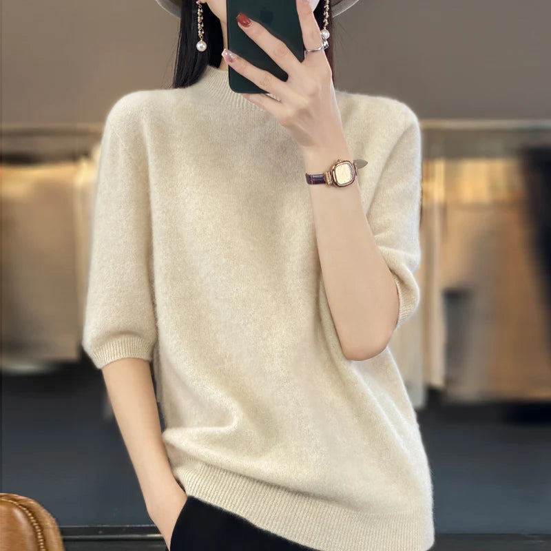 100% pure wool short sleeve summer new women's semi-high neck pullover blouse loose knit vest fashion T-shirt