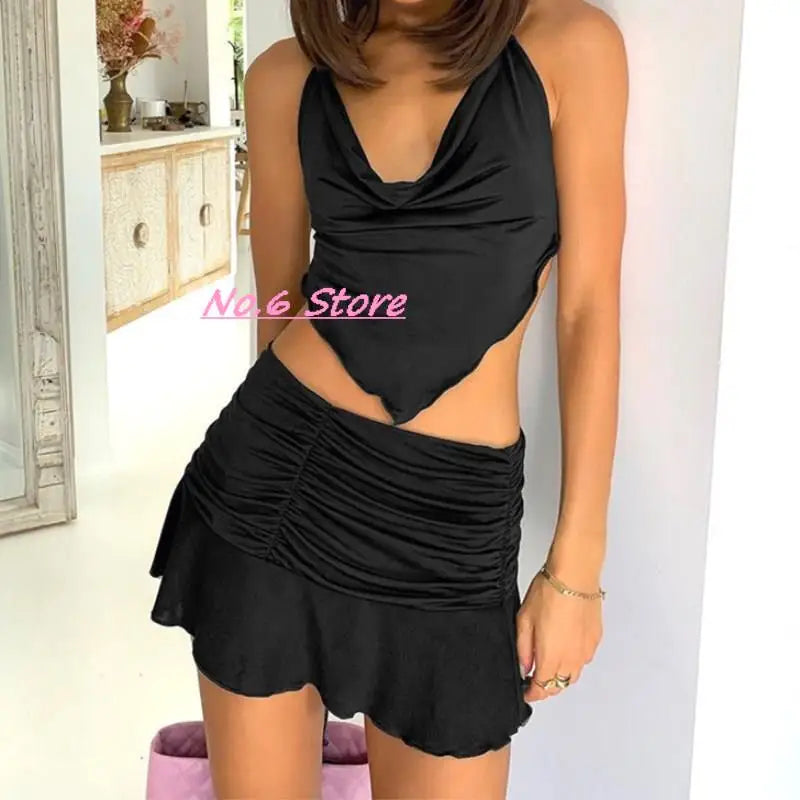 2022 Sexy Two-piece Solid Color Mini Skirt Female Sexy V-neck Crop Top + Elastic Waist Short Skirt Suit Harajuku Y2k Summer Suit