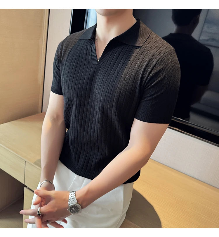 Men Striped Polo Shirt 2025 Summer Light Thin Breathable Solid Casual Elastic Slim Fit Short Sleeved V-neck T-shirt Men Clothing