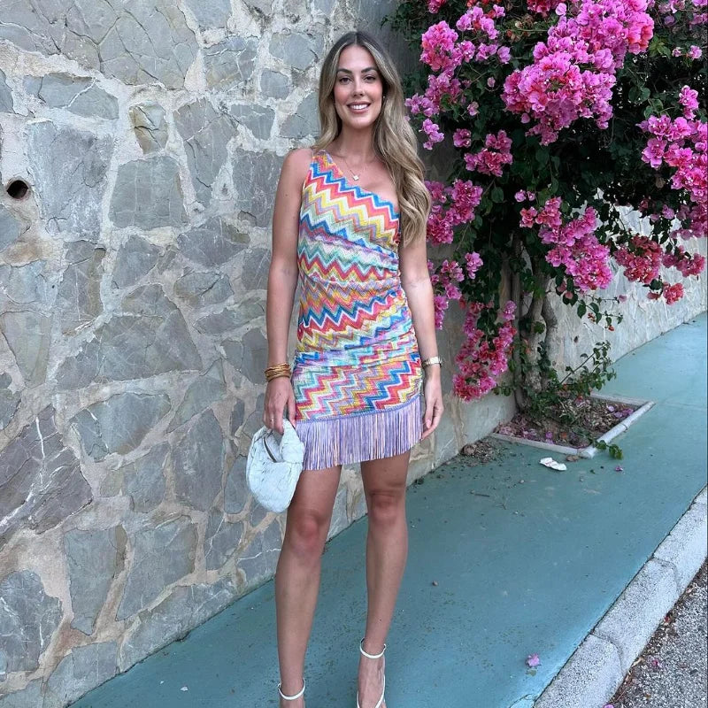Women's Printed Striped Fringe Halter Dress Asymmetrical Collar Slim Colorful Short Mini Dresses Colorful Beach Vacation Dress