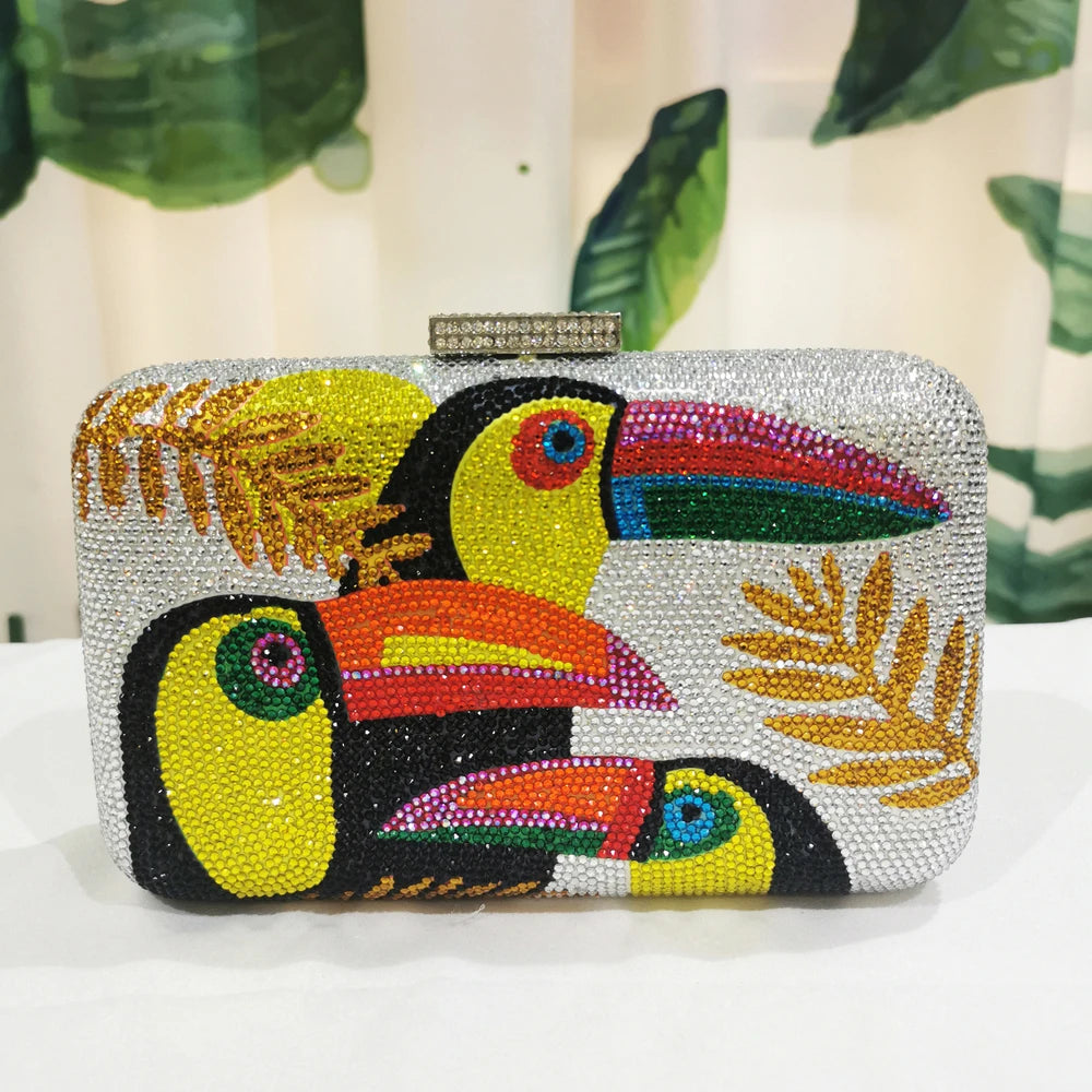 Novelty Toucan Bird Women Crystal Evening Bags Rhinestones Box Minaudiere Clutch Party Cocktail Handbag Diamond Chain Purse