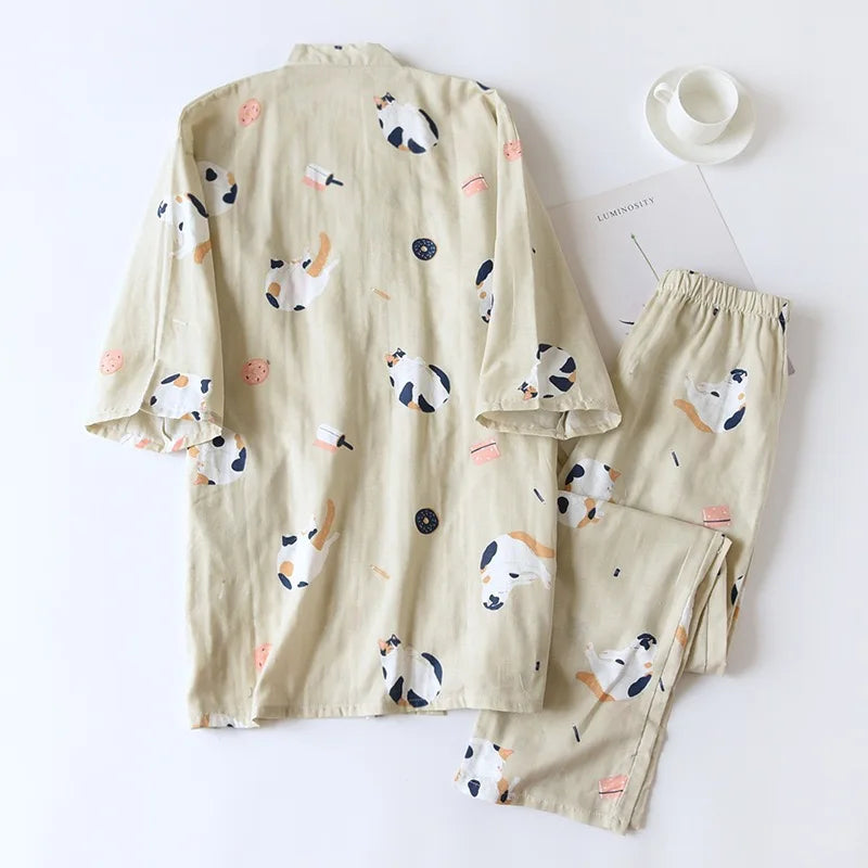 Japanese-style kimono two-piece couple pajamas cover men and women pure cotton gauze cute kitten thin homeware sleepware nighty