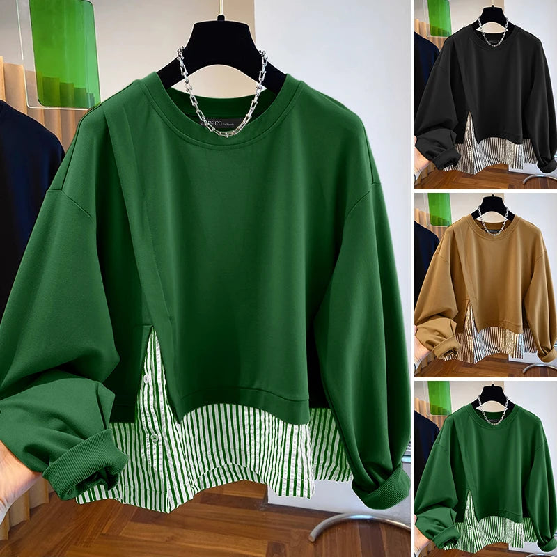 ZANZEA Women Long Sleeve Hoodies 2024 Autumn Fake Two Piece O-Neck Sweatshirt Fashion Loose Stripes Splicing Front Slit Pullover