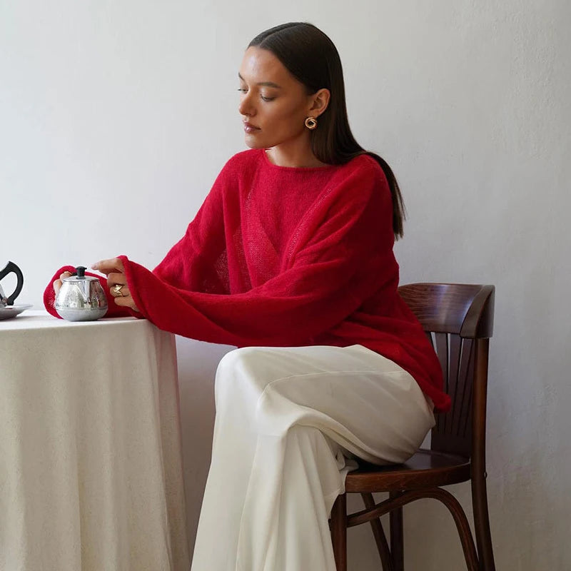 MSCSZ Red Long Sleeve Oversized Sweater Women Transparent Knitted Sweater 2025 Spring Autumn Cozy Sweaters Pullover Tops