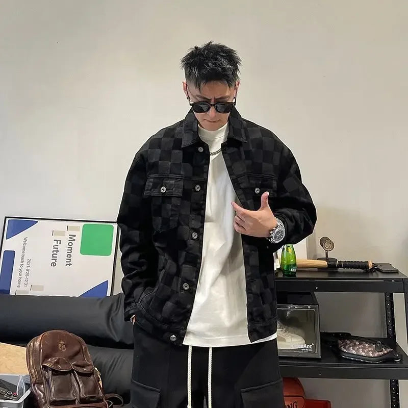 Denim Jackets Man Wide Shoulders Autumn Jeans Coat for Men Black Plaid Fashion Korean Popular Clothes of Fabric Winter 2024 Y2k